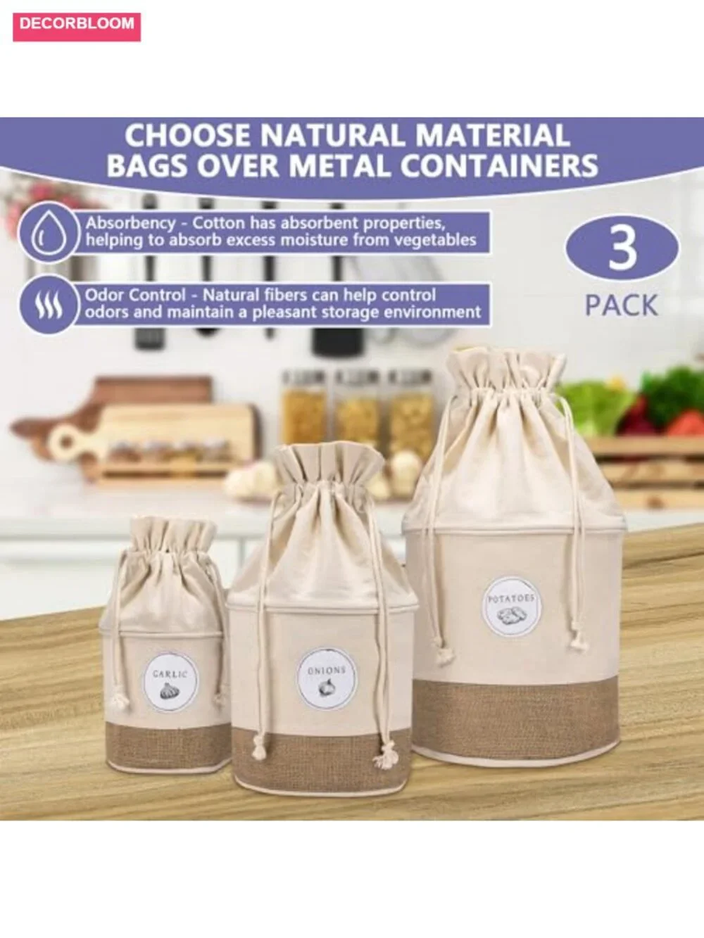 Farmhouse Vegetable Storage Baskets Set of 3 Jute Cotton Drawstring Bins